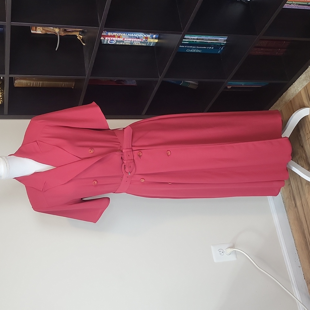 Vtg ALEXON British Red Pink Belted Button Down Full Skirt Long Midi Dress